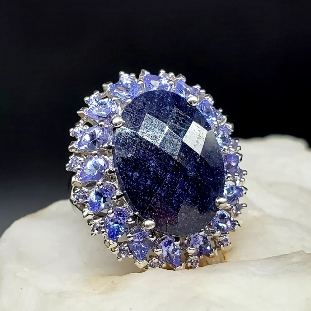 Sterling Silver 925 Designe Ring Raw Blue Sapphire Natural Tanzanite Gemstone